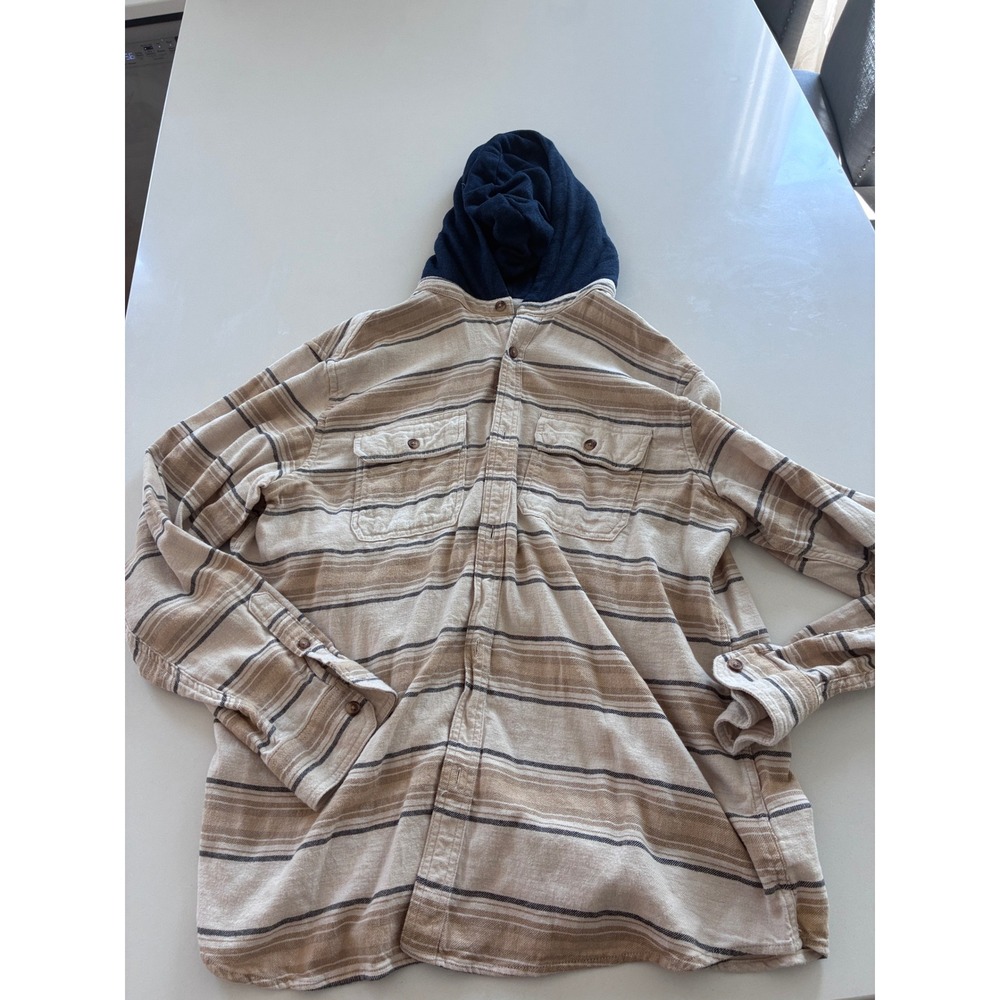 Old Navy Mens XXL Tall Hooded Flannel Shirt Tan Brown Striped Double Brushed